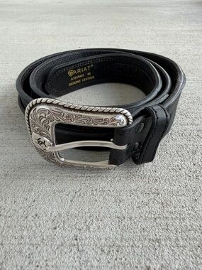 Ariat Leather Belt 40 Western Tooled Silver Buckle Black Genuine Leather 48”